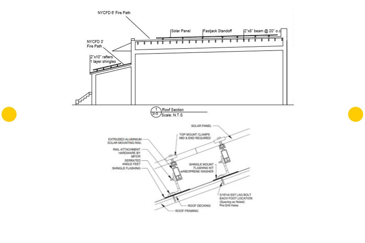 ELEVATION VIEW AND MOUNTING DETAILS FOR THE FLAT ROOF INSTALLED 5.1 KW PHOTO-VOLTAIC ARRAY FOR THE RESIDENTIAL PLAN SET