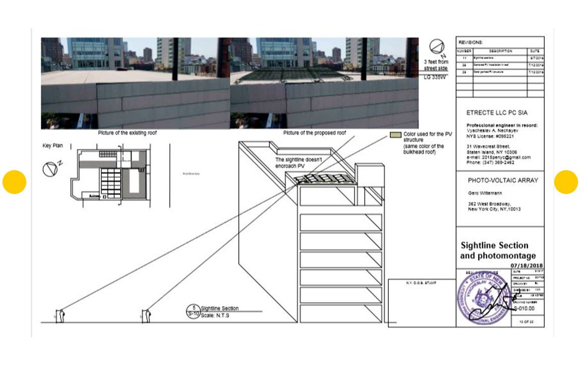 ELEVATION VIEW AND LAYOUT FOR THE FLAT ROOF INSTALLED 6.7 KW PHOTO-VOLTAIC ARRAY FOR THE RESIDENTIAL BUILDING