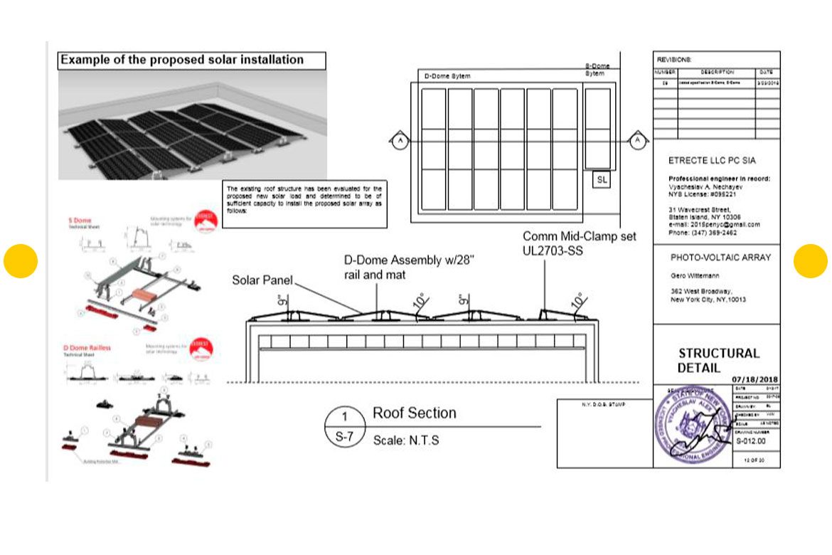 LAYOUT AND MOUNTING DETAILS FOR THE FLAT ROOF INSTALLED 6.7 KW PHOTO-VOLTAIC ARRAY FOR THE RESIDENTIAL BUILDING