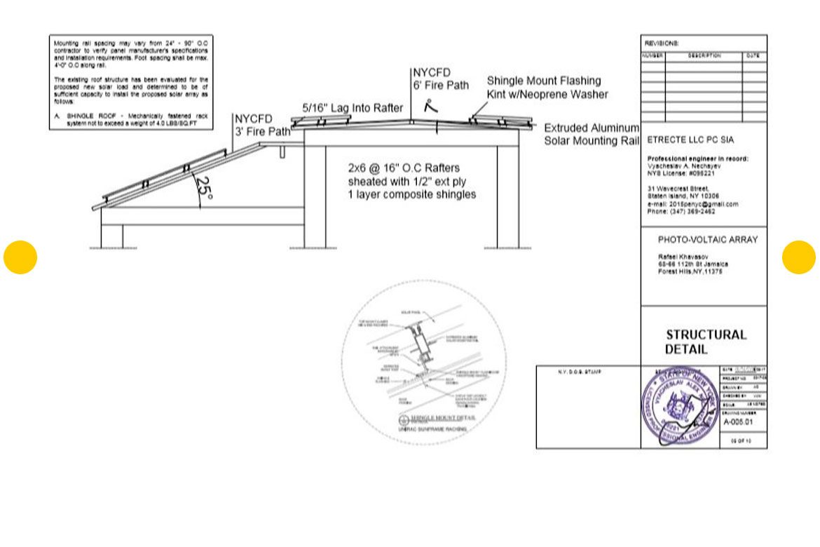 PHOTO-VOLTAIC ARRAY MOUNTING DETAILS FOR 9.6 KW ON PITCH ROOF RESIDENTIAL BUILDING