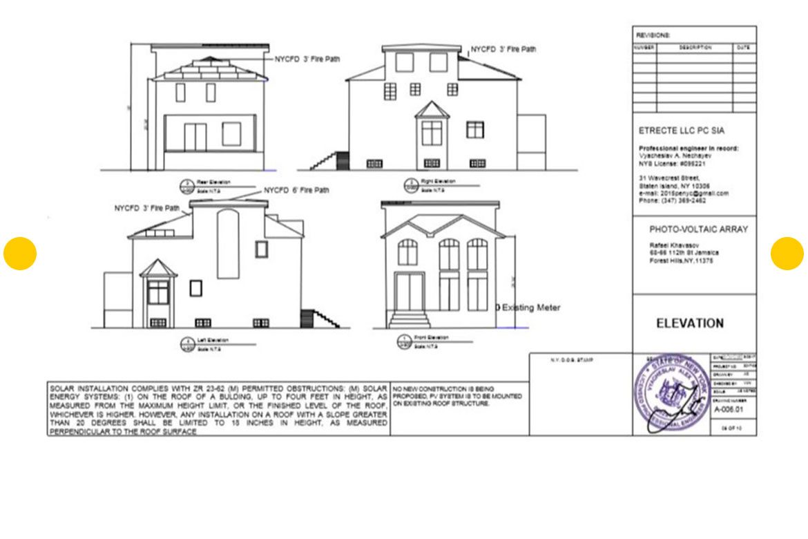 PHOTO-VOLTAIC ARRAY ELEVATION VIEWS FOR 9.6 KW ON PITCH ROOF RESIDENTIAL BUILDING