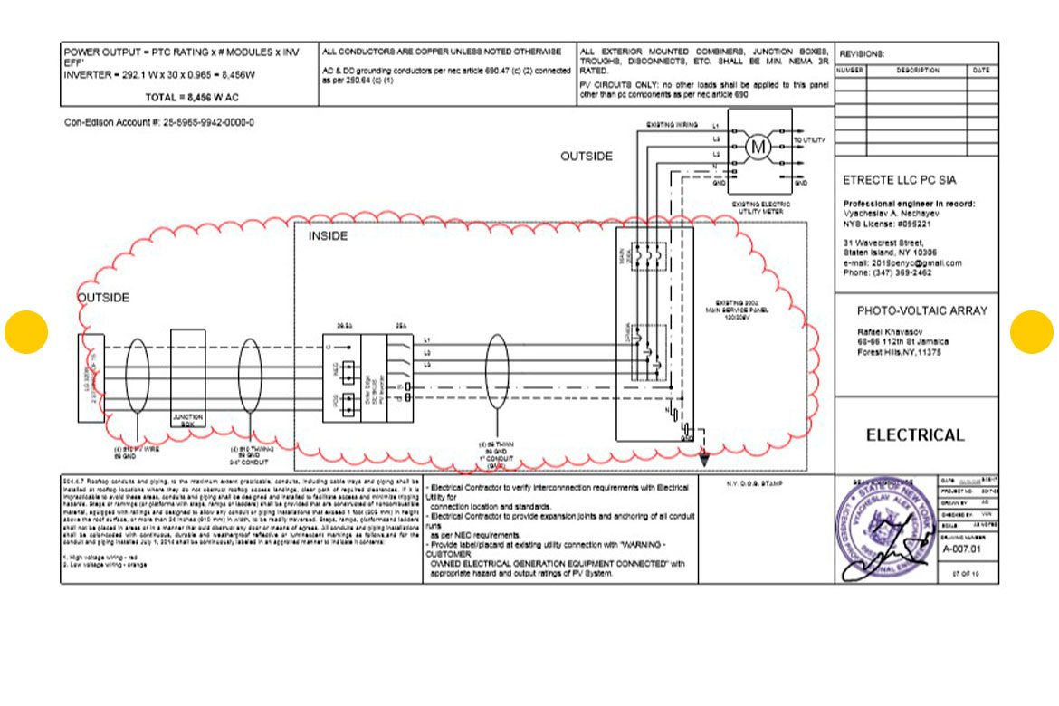 PHOTO-VOLTAIC ARRAY SINGLE LINE DIAGRAM FOR 9.6 KW ON PITCH ROOF RESIDENTIAL BUILDING